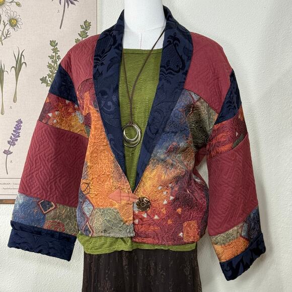 Vintage 90s Y2k Patchwork Tapestry Jacket Boho Artsy Whimsigoth Fairy Grunge M - Picture 1 of 5